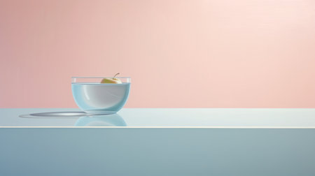 a painting featuring glasses, an apple, and a pink background. this artwork showcases a minimalist color field style with light indigo and light aquamarine hues. created using vray tracing techniques, the digital enhancement adds a highly polished surface to the elements. rendered in cinema4d, the painting exudes a sense of simple minimalism. ai generatedの素材