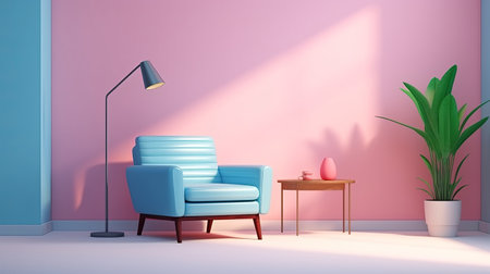 a living room featuring chairs mounted on the walls, with a vibrant pink plant placed in the center. the room is designed in a light sky-blue and sky-blue color scheme, creating a realistic portrayal of light and shadow. the sketchfab showcases bright primary colors, adding a cute and quirky touch to the space. the lighting is rendered realistically, enhancing the distinctive character design. ai generatedの素材