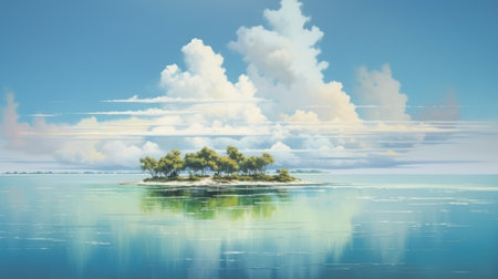 two trees stand tall on a serene island surrounded by calm waters in this realistic hyper-detailed painting. the ethereal cloudscapes add a touch of mystique to the scene, reminiscent of a national geographic photo or a storybook illustration. created with the precision of an olympus af-1 (also known as olympus infinity), this artwork showcases the talent of a hard edge painter and marine painter. aiの素材