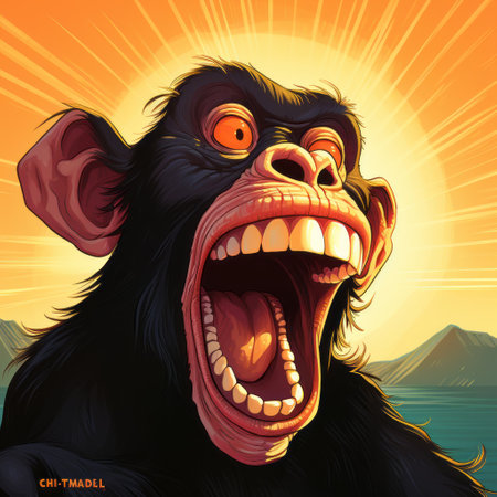 a black chimpanzee gazes up at the sun in a caricature-like illustration, reminiscent of 2d game art by tim hildebrandt. the joyful chaos of explosive wildlife is captured in this captivating image, showcasing the chimpanzee's strong facial expression. this photo can be found on flickr. ai generatedの素材
