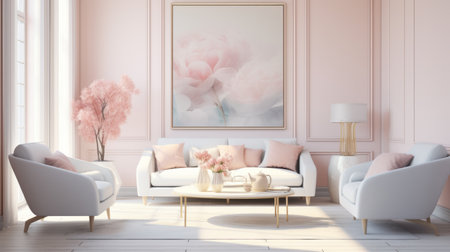a 3d rendering showcases a stunning white, pink, and gold sofa, reminiscent of monochromatic paintings and floral impressionism. the large canvas paintings add an artistic touch, while the cottagecore aesthetic creates a serene and peaceful ambiance. the design is inspired by the iconic eero saarinen. ai generatedの素材