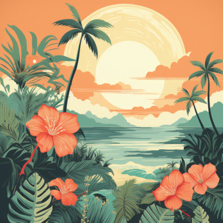a vibrant neo-traditional cartoon illustration featuring a tropical scene with lush plants, colorful flowers, and a retro desert background. this vector artwork, inspired by the style of martin ansin and winslow homer, showcases tonalist seascapes and romantic riverscapes. the combination of light teal and orange hues creates a visually striking poster art. ai generatedの素材