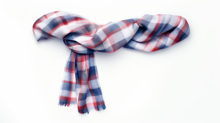 a blue, red, and white patterned scarf, captured in the style of scanner photography, showcases its polished craftsmanship. the grid-like design stands out against a clean white background, highlighting the scarf's opacity and translucency. reminiscent of the american barbizon school, this scarf exudes a masculine charm. ai generatedの素材
