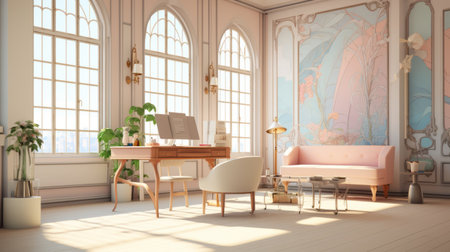 a beautiful room featuring a pink sofa and pink chairs, designed in the style of art nouveau-inspired illustrations. the realistic rendering showcases the light beige and light amber tones, creating a romanticized atmosphere. this study place exudes a streamline elegance, captured in this high-definition image. ai generatedの素材