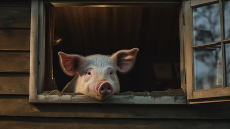 a pig peers curiously through a cottage window, bathed in soft lighting reminiscent of portrait photography. this 8k image captures the essence of farm security administration aesthetics, with dusty piles in the background. the focal point is the pig's expressive face, contrasting the dark, white, and pink tones. a captivating blend of animals and people in a single frame. ai generatedの素材