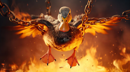 a chicken with wings is depicted in a satirical twist, rendered in cinema4d by dimitry roulland using unreal engine 5. the intense emotional expression of the chained chicken over a fire creates an explosive wildlife art piece with a touch of duckcore. ai generatedの素材