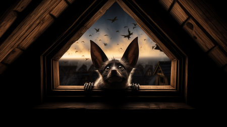 a dog peers curiously through a window in an old house, creating a surrealistic and fantastical scene. the mischievous feline motif adds an intriguing element to this demonic photograph. with a birds-eye-view perspective, this dark fairy tale-like image is hyper-realistic and presented in ultra-high definition (uhd). ai generatedの素材