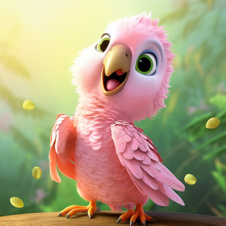 a bird pointing at a pile of gold coins, depicted in a hyper-realistic style with light pink and light green hues. this illustration draws inspiration from disney animation, bill gekas, and colorful animation stills. the image showcases sun-kissed palettes and finely rendered textures. ai generatedの素材
