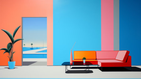 a flat illustration of a brightly colored living room, inspired by the minimalist landscapes of ezra stoller and the meticulous photorealistic still lifes of ed freeman. the illustration showcases saturated pigment pools and outdoor scenes, reflecting the artist's appreciation for abstract minimalism. ai generatedの素材