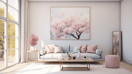 a 3d realistic space of a living room in an urban environment with pink trees and white furniture. the design is inspired by classic japanese simplicity, featuring dreamy watercolor florals in light gold and light azure. the intentionally canvas-like texture adds depth to the composition. this high-quality photo is captured in 8k resolution, making it visually captivating. ai generatedの素材
