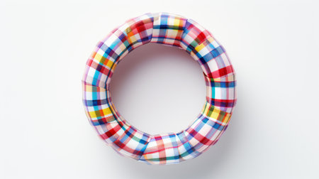 a colorful plastic circle, created in a wrapped, grid-based style, stands out against a white background. this unique installation, captured with a tamron 24mm f/2.8 di iii osd m12 lens, exudes a cute and quirky charm. the use of found objects adds to its subtlety, while the overall aesthetic hints at the gloomcore trend. ai generatedの素材