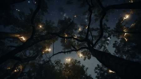 a dark, gloomy night forest is depicted in this photo, with tree branches visible through the clouded sky. the image is rendered in the style of unreal engine, resembling the artwork of the stars art group xing xing. this site-specific installation showcases infinity nets in dark white and light amber tones. the photo captures blink-and-you-miss-it details, including radiant clusters. ai generatedの素材