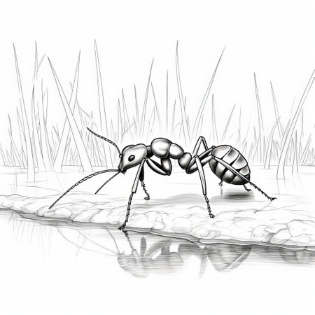 a black and white print of a walking ant in the grass, showcasing perspective rendering, reflections, and mirroring. this artwork is inspired by 2d game art and features hyper-realistic water, simplified line work, and clear edge definition. it is available under the creative commons attribution license. ai generatedの素材
