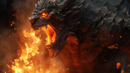 the dragon breathes fire as it confronts another dragon in this powerful and emotive portraiture. rendered in cinema4d with vray tracing, the close-up shot captures the intensity of the scene. the artwork showcases precisionist techniques, depicting a burned and charred landscape, reminiscent of an apocalyptic setting. ai generatedの素材