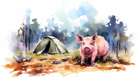 an isolated dog sits next to a tent in this vibrant watercolor painting. the speedpainting style captures the essence of the scene, with pink hues adding a touch of whimsy. the image showcases animals and people, while the uhd resolution brings out every detail. the farm security administration aesthetics lend a nostalgic feel, with dusty piles adding texture. shot with a konica big mini camera.の素材