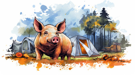 a pig at camping vector illustration, isolated on white. the illustration is done in the style of ink-wash landscape with playful graffiti-inspired murals. it is digitally enhanced with realistic color schemes, giving it a realistic yet stylized look. the artwork has aquarellist elements and offers interactive experiences. ai generatedの素材