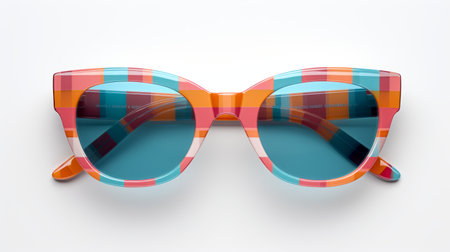 a pair of vibrant sunglasses with bold block prints, featuring horizontal stripes in light teal and light orange, showcased on a white background. this eye-catching design, created using cinema4d, exhibits sharpness and bold contrast. the rich hues of the sunglasses evoke a sense of artistic flair, reminiscent of the yale university school of art. ai generatedの素材