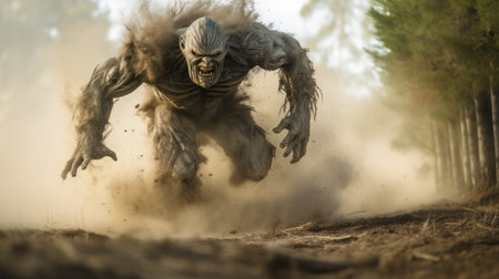 a monstrous creature dashes through a dense forest, captured in a stunning photorealistic rendering. the image showcases the unique style of creased, crinkled, and wrinkled textures, enhanced by the use of the sigma 85mm f1.4 dg hsm art lens. the desertwave atmosphere adds an epic touch to the portrait, while the backlit photography technique creates a mesmerizing effect amidst the dusty piles. ai generatedの素材