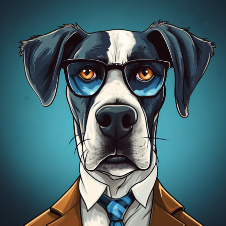 a cartoon dog with glasses and a tie, depicted in a realistic animal portrait style. the image showcases saturated colors and an urban, edgy vibe. the color palette consists of dark white and azure tones. this artwork is influenced by the styles of geoff johns, george stefanescu, and valentin rekunenko. ai generatedの素材