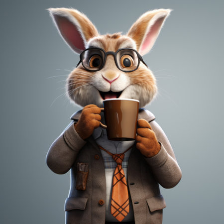 a rabbit wearing glasses is depicted in this stock illustration, enjoying a cup of coffee. the artwork is rendered in the style of unreal engine, showcasing inventive character designs inspired by artists such as albert bierstadt and angus mckie. the charming character is brought to life through realistic and hyper-detailed renderings, enhanced by the use of rtx technology. ai generatedの素材