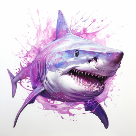 a white shark, captured in a 20-megapixel photograph, stands out against a white background. the shark is adorned with purple markings, showcasing a unique blend of spray painted realism and colorful fantasy realism. the expressive character designs and heavy shading add depth and intensity to the image, creating a captivating marine painter's masterpiece with a touch of pinkcore. ai generatedの素材