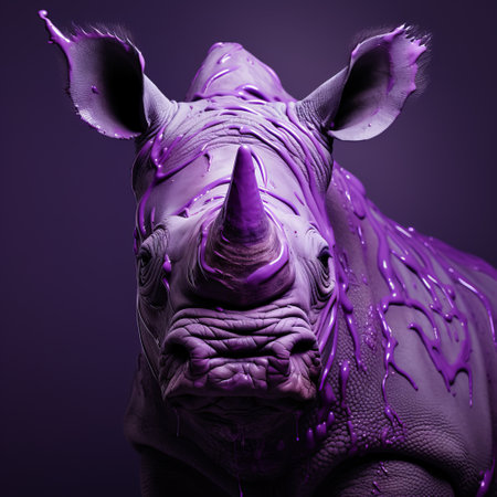 a dark purple rhino is depicted in this image, showcasing a unique style reminiscent of dripping paint. the artwork, created using zbrush, captures the essence of raw materials and the beauty of animals. this national geographic-inspired photo showcases the artist's skill in creating monochromatic compositions, enhanced by the use of redshift. ai generatedの素材