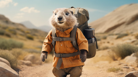 a cartoon ground squirrel, inspired by the photorealistic portraits of sacha goldberger and ivan shishkin's nature scenes, is seen walking through a desert while carrying a backpack. this whimsical image, reminiscent of mike campau's adventure-themed artwork, is showcased on a grid-based website. ai generatedの素材