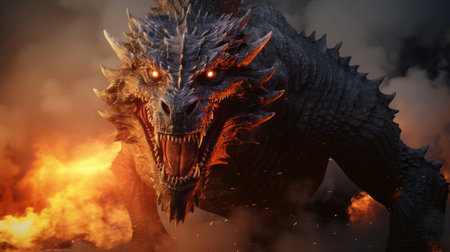 a dragon engulfed in smoke, rendered in cinema4d with an intense facial expression. this hd wallpaper showcases the dragon's dynamic and action-packed presence. with rtx on, the image boasts sharp focus and precisionist details. the color palette features a striking combination of dark white and dark orange. ai generatedの素材