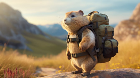 a small bunny creature, resembling a realistic rendering by ben wooten, stands on the side of a rock. the bunny wears a backpack, reminiscent of national geographic photos. the image captures a joyful and optimistic vibe, similar to the works of george stubbs. it also evokes the charm of animated film pioneers like pierre-mony chan. ai generatedの素材