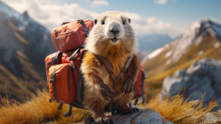 an animal, in the style of realistic and hyper-detailed renderings, stands on a mountaintop wearing a backpack. this captivating image combines sharp and clever humor with the stunning visuals of an imax experience. inspired by the works of archibald thorburn, this interactive experience showcases the close-up details of the animal's backpack and surroundings. don't miss this intel core-powered masterpiece!, ai generatedの素材