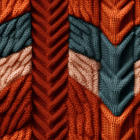 a vibrant knit pattern featuring a combination of orange, blue, and green colors. the design showcases a unique blend of dark crimson and beige, with trompe-l'oeil folds adding depth. the pattern is further enhanced by colorful woodcarvings, fine feather details, and bold color blocks. the color palette includes light maroon, cyan, dark orange, and light black. ai generatedの素材