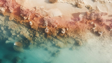 the photo showcases a stunning aerial view of the red beach sand, which is beautifully colored in shades of brown, blue, and pink. the photorealistic detail captures the mesmerizing ocean view in high resolution. the image also features hyperrealistic marine life, showcasing the vibrant colors of the underwater world. this breathtaking scene resembles the unique australian landscapes, with its light emerald and light amber hues.の素材