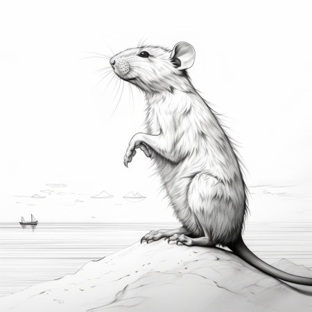 a pirate rat drawing featuring coastal scenery, with a realistic hyper-detailed rendering. the artwork showcases a flattened perspective and clean, sharp inking. the color palette consists of white and gray tones, reminiscent of scientific illustrations. this piece combines elements of both realistic and comic art styles. ai generatedの素材