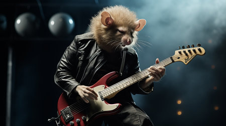a person dressed as a steampunk-style mouse is captured in this photograph, passionately playing an electric guitar. the image exudes a sense of paranoid sensitivity and showcases the unique blend of wildlife photography and artistic expression. the subject's attire and the rhythmic energy of the scene evoke the creative works of mckadesinsanity, peter croy, and leatherhide. ai generatedの素材