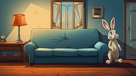 a rabbit sits by the window in a living room, showcasing a comic art style. the 2d game art features a light blue and amber color scheme. the animated gifs capture romantic scenes and lively street scenes, with detailed background elements. ai generatedの素材