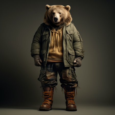 a man in a camouflage jacket and boots is seen chasing a brown bear in this captivating portrait. the style of the photograph is reminiscent of artists such as sacha goldberger, patricia piccinini, and oliver wetter, with detailed attention given to the costume and fashion. the image is both sparse and simple, creating a visually striking composition. the use of recycled materials adds an eco-friendlyの素材