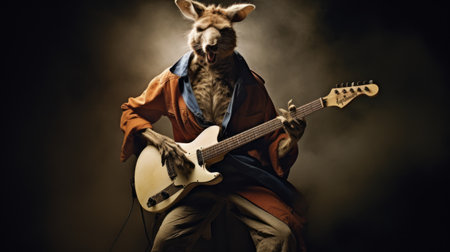 rory, a crow dressed in a suit, captivates with his guitar skills in this hyperrealistic animal portrait. the surrealist photography style adds a touch of intrigue, while native australian motifs and bunnycore elements create a unique visual experience. the dark beige and amber tones enhance the atmosphere of this spectacular show, beautifully captured with a pentax k1000. ai generatedの素材