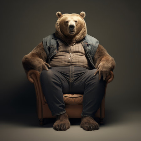 a bear sitting on a brown chair, captured in a photographically detailed portrait style. this life-size figure is depicted in an ultra-high-definition (uhd) image, reminiscent of national geographic photos. the satirical illustrations showcase the bear's personality, while the detailed costumes and minimal retouching add to the authenticity of the scene. ai generatedの素材