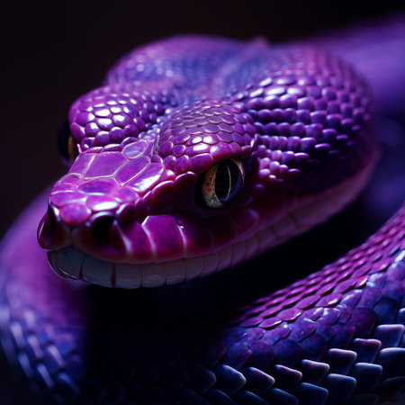a stunning photograph capturing the beauty of a purple snake in the style of hyper-realistic pop art. the image showcases a depth of field, bold chromaticity, and intense colors, highlighting the realistic attention to detail in this realistic animal portrait. created using zbrush, this photo is a mesmerizing display of vibrant hues and lifelike textures. ai generatedの素材
