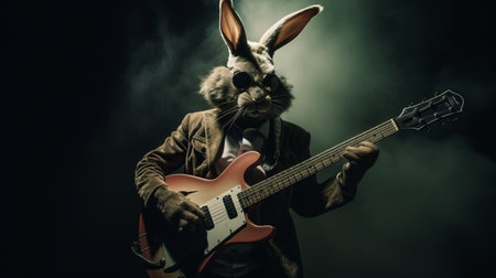 a rabbit guitarist rocks out in a dark setting, channeling iconic pop culture references. this unique image captures the essence of grandparentcore, with a tenebrism-inspired atmosphere. the rabbit's musical prowess embodies the rebellious spirit of kombuchapunk, while the dutch and flemish influences add a touch of artistic flair. this captivating photo, reminiscent of an associated press snapshot, beautifully combines animals and people in a visuallyの素材