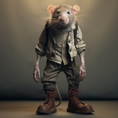 a rat in military uniform stands on a light gray background, creating a surrealistic dystopian scene. this national geographic-style photo captures the troubadour style of the rat, colorized to enhance its whimsical wilderness. rendered in maya, the rat's presence adds a touch of street fashion to the overall composition. ai generatedの素材