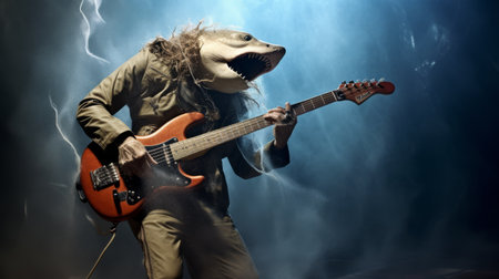 a man wearing a shark mask passionately strums a guitar in a dimly lit room. this captivating image showcases hyperrealistic marine life artistry, with intricate costumes and sharp details. the manipulated photography creates a mesmerizing atmosphere, reminiscent of a reefwave. this associated press photo beautifully captures the unique depiction of animals in a visually striking manner. ai generatedの素材