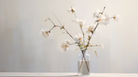 a little vase filled with white flowers, showcasing the essence of japanese minimalism and digital art techniques. this soft-focused, realistic image captures the transparency and lightness of the delicate blooms. it is reminiscent of large canvas paintings, with its uhd quality and nature-inspired imagery. ai generatedの素材