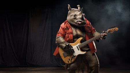 a rhino, adorned with an effigy, rocks out on an electric guitar in this epic portraiture-style photo. the stylish costume design, softbox lighting, and the combination of dark beige and red create a visually striking image. the photo, taken with provia film, showcases a unique blend of the rinpa school and dinopunk aesthetics. ai generatedの素材