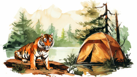 a tiger stands majestically outside a tent, depicted in a digital painting and drawing style. the ink-wash landscape adds depth to the scene, while the detailed character illustrations capture the tiger's beauty. this artwork promotes environmental awareness and embraces the campcore aesthetic, with serene watercolors highlighting the white and orange hues of the tiger. ai generatedの素材