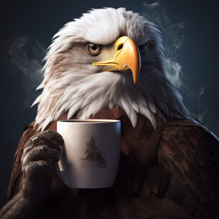 an eagle holds a mug, surrounded by smoke, in a vray tracing style. this realistic and emotive portrait, inspired by arthur sarnoff's highly detailed illustrations, showcases the artist's skill in using photo-realistic techniques. the simplistic characters add a unique touch to this artwork, which can be found on furaffinity. ai generatedの素材