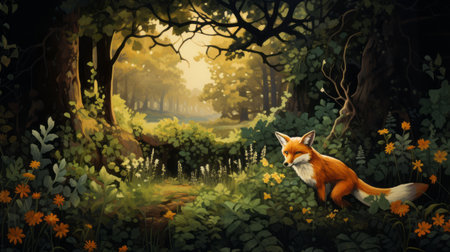 a photo of a fox surrounded by vibrant flowers in a forest setting. this high-definition image captures the essence of a 2d game art style, with atmospheric landscape paintings and brushstroke fields. the picturesque dutch landscape adds to the charm of this cartoon realism scene. perfect as a wallpaper, this 32k uhd photo evokes a nostalgic feel reminiscent of ps1 graphics. ai generatedの素材