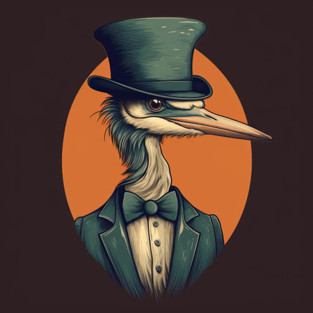 a detailed fantasy art portrait of a stork wearing a top hat. this ragepunk-inspired illustration showcases the unique style of a dark beige and cyan color palette. created by a talented portrait painter, the artwork captures the essence of lowbrow art with its charming character illustration, reminiscent of the works of dino valls. ai generatedの素材