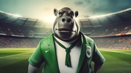a hippo stands at a soccer stadium, showcasing a unique dark green and silver color scheme. this captivating photograph, captured by an object portraiture specialist, embodies the essence of frogcore and interactive media. the smooth texture and intricate details of the hippo's expression perfectly blend with the junglepunk aesthetic. ai generatedの素材