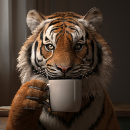 a tiger, rendered in unreal engine, holds a cup in this hyperrealistic portrait. the tabletop photography captures the eerily realistic and hyper-detailed rendering of the tiger, created using maya. this kimoicore-inspired image showcases the stunning blend of technology and artistry. ai generatedの素材